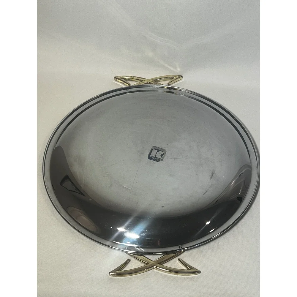 Kromex Serving Tray Silver Chrome Gold Atomic X Handles Mid Century Vintage MCM‎